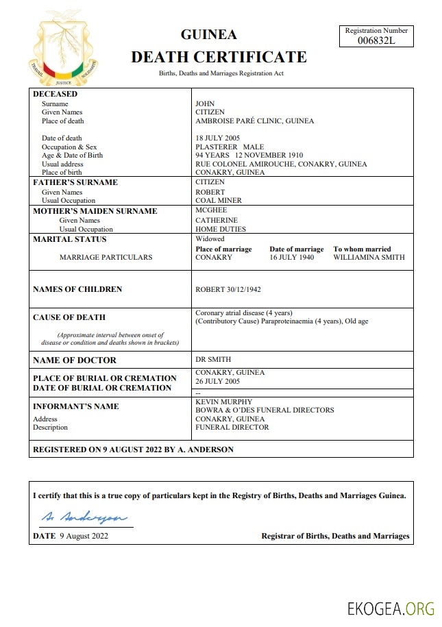 Modèle Word et PDF d'acte de décès en Guinée, template